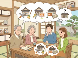 実家の片付けを話し合う家族のイメージ